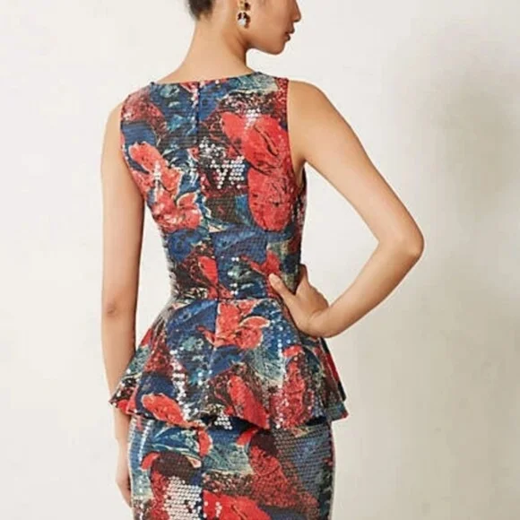 Red/Blue Floral Wolven "Sugared Fleur" Sequin Skirt Set, Small - Picture 2 of 5